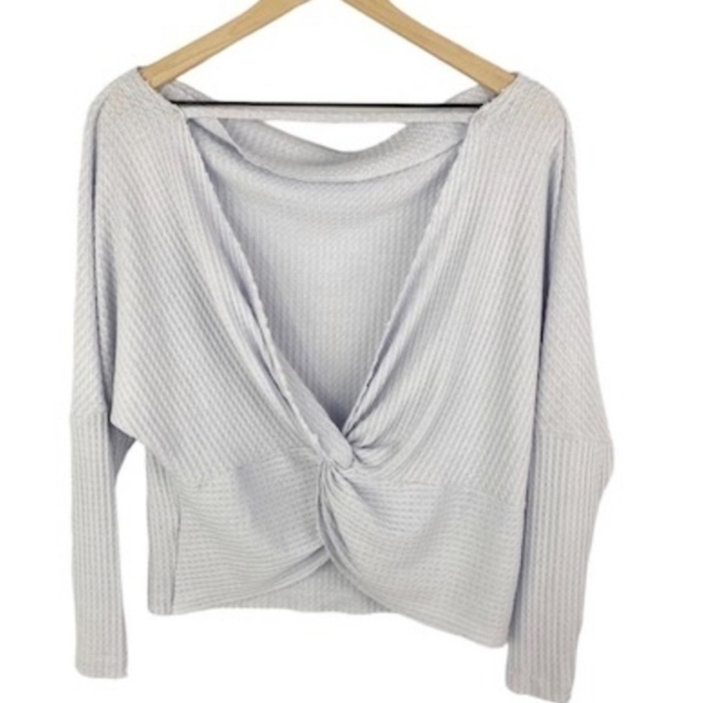 Sadie & Sage Deep Plunge Front Twist‎ Waffle Knit Blouse Top Gray Blue